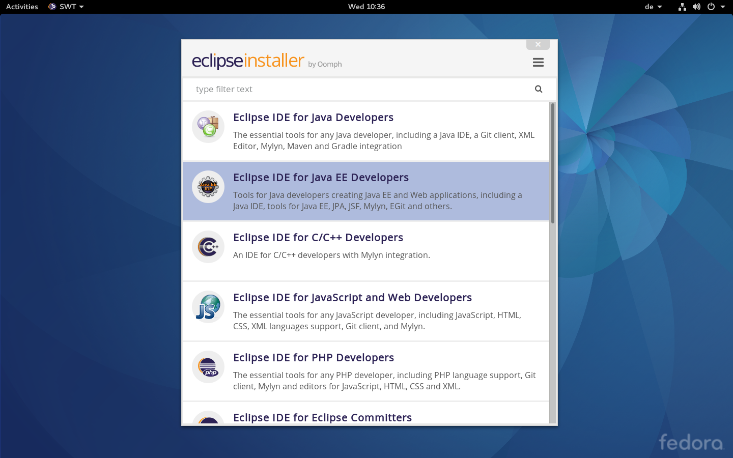 Select Java EE Developer Screenshot of Eclipse Installer